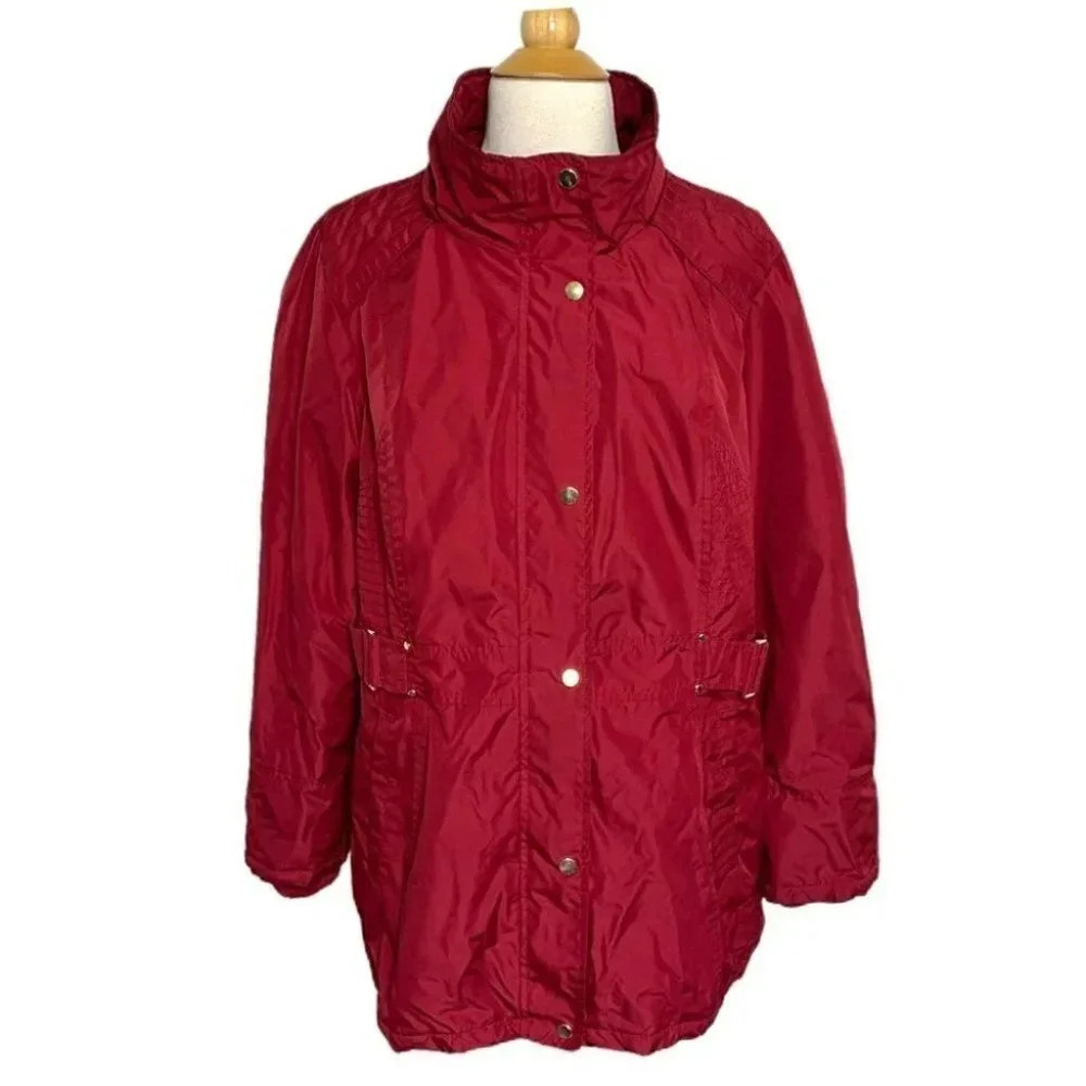 Susan Graver M red water repellent winter coat with gold accents